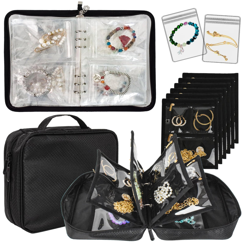 Travel Jewelry Organizer Case with Clear Zipper Velvet Pouch and Transparent Jewelry Storage Book with Small Clear Zippered Pouch