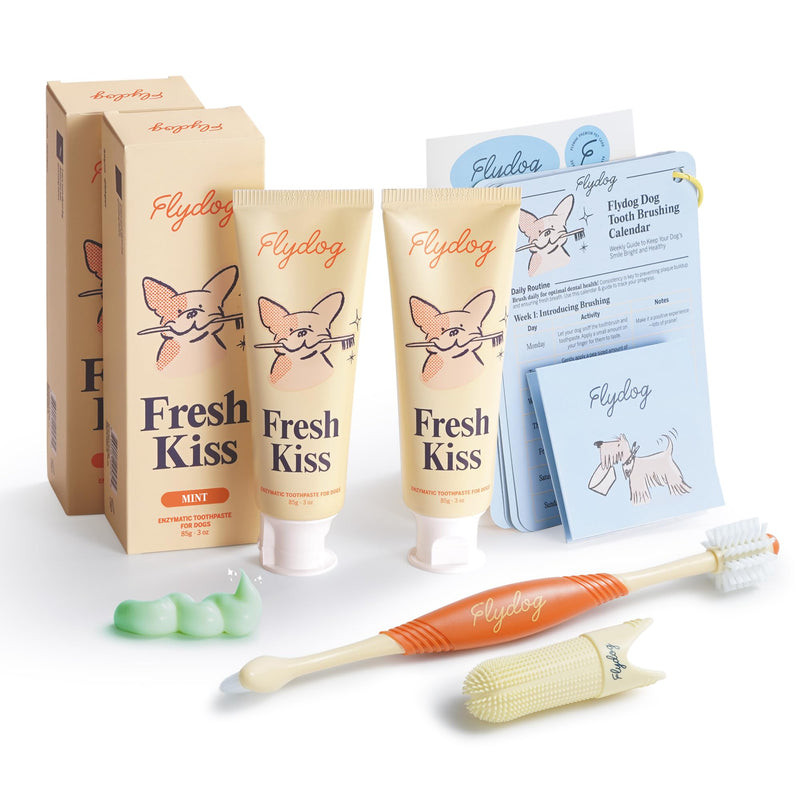 [Australia] - FlyDog Fresh Kiss Dog Tooth Brushing Kit - Vet Approved Formula, Enzymatic Dog Toothpaste and Brush - Breath Freshener & Tartar Remover, 360° Toothbrush & Finger Brush, Dental Guide, Mint Flavor Mild Mint 3 Ounce (Pack of 2) 