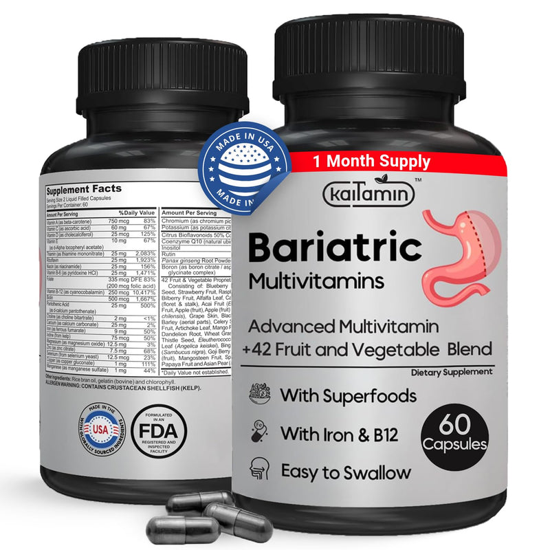 Bariatric Multivitamin with Iron 45mg, 120 Liquid Caps | Easy-swallow post-surgery multivitamin with B12, B6 & 42 superfoods for daily nutrition after weight loss surgery. 60 Count (Pack of 1)