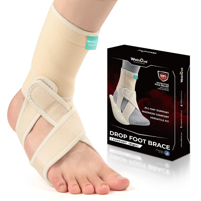 Welnove Drop Foot Brace with Arch Support, AFO Ankle Brace for Walking, Relieves Instability of Lower Limbs by Foot Drop, MS, TBI, Spinal Cord Injury, Cerebral Palsy (Right, Beige)