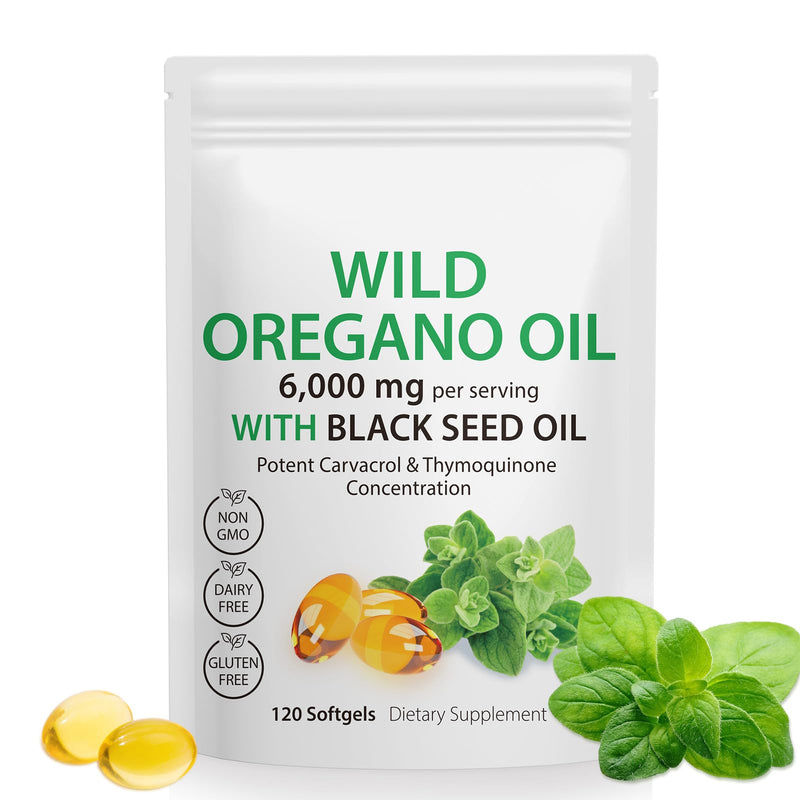 [Australia] - Oil of Oregano Softgels - Wild Oregano Oil 6,000mg with Black Seed Oil 200mg Capsules, 120 Count, Potent Carvacrol & Thymoquinone, Non-GMO, Dairy Free, Gluten Free 