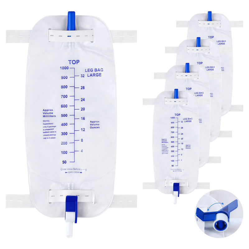 [Australia] - Geiserailie 5 Pack 1000ml Leg Bag Urinary Drainage Bag with Anti Reflux Valve, 33.8oz Large Capacity Urine Leg Catheter with Cloth Straps, Easy Flip Drain, Urinary Catheter for Men, Women 