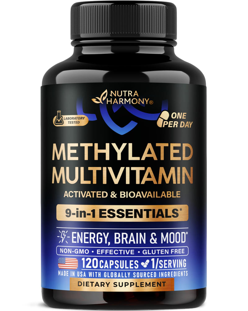 Methylated Multivitamin - 9in1 Supplement with TMG, 5MTHF & B12 - 120 Caps | MTHFR Supplement for Men & Women - B-Complex, Antioxidants C & E, Vitamin D3 & K2 - Energy, Brain & Mood - Vegan, Lab Tested