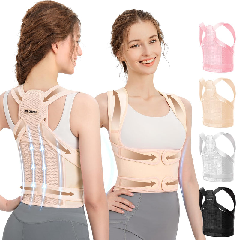 [Australia] - Fit Geno Back Brace Posture Corrector for Men & Women: Shoulder Straightener Adjustable Full Back Support Pain Relief - Scoliosis Hunchback Spine Corrector (Medium/Large) Beige Medium/Large (Waist 33"-40") 
