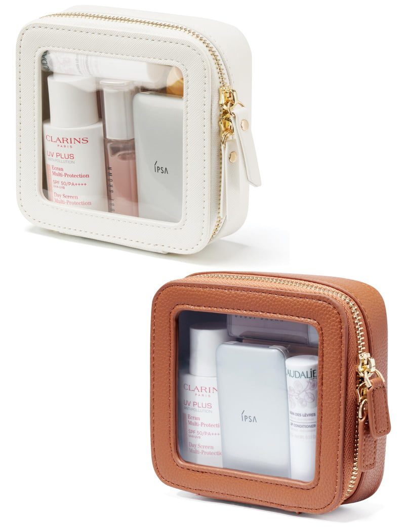 Cosmetic Bag for Purse Mini Clear Makeup Bag Toiletry Case Travel Transparent Cosmetic Bag with Zipper, Portable Make Up Organizer Traveling Compact Car Bag for Essentials, White & Brown