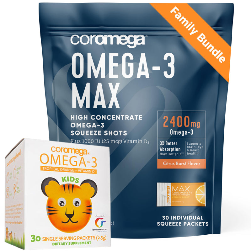 Coromega Family Bundle – Omega-3 Fish Oil for Adults & Kids (60 Squeeze Packets) 2400mg/650mg Omega-3 + Vitamin D, 3X More Absorption Than Pills, No Fishy Aftertaste, Citrus Burst & Tropical Orange
