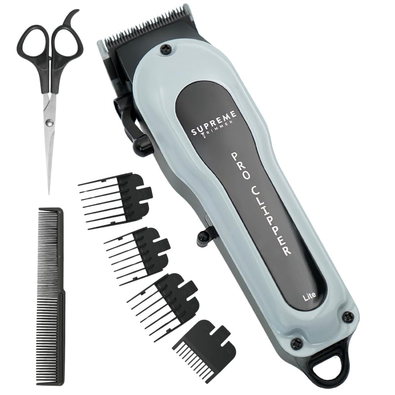 [Australia] - Supreme Trimmer Pro Clipper Lite | 210 Min Run Time Professional Hair Cutting Tool Set + Hair Comb, Scissors & Fade Blade | STC5000 Gray 