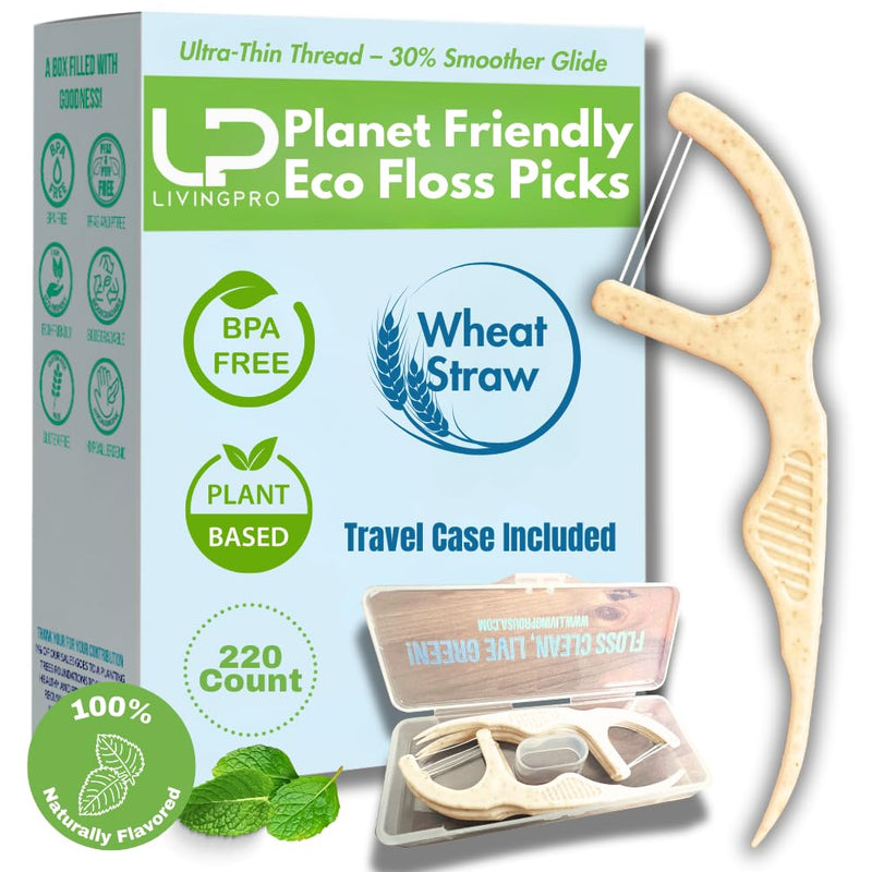 [Australia] - Twin Line Biodegradable Floss Picks (220 Count) - Compostable Tooth Flossers Minty Fresh-Double Thread 2X The Clean | Bonus Travel Case | Thing Thread Glide Easy & Shred-Resistant Mint- Double Thread 