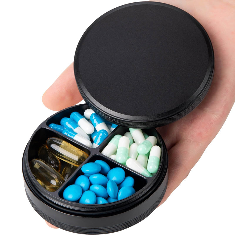 Metal Pill Case 4 Compartments - Travel Pill Organizer Waterproof | Small Pill Box for Purse, Compact Medicine Container Pill Dispensers Holder for Vitamin, Fish Oil, Supplement (Black) Black