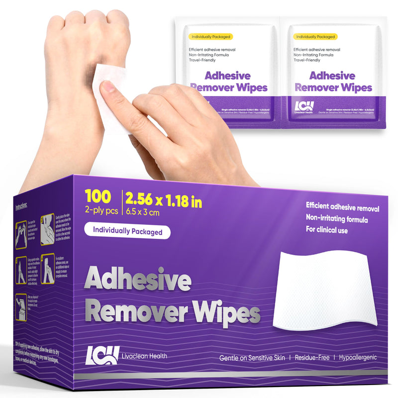 [Australia] - 100 CT Adhesive Remover Wipes ‚Äì Strong & Effective Skin Adhesive Remover ‚Äì 2 Ply 2.56x1.18in (6.5x3cm) ‚Äì Medical Adhesive Remover for Bandage, Tape, Dressings, and Ostomy Residue - By Livaclean Health 