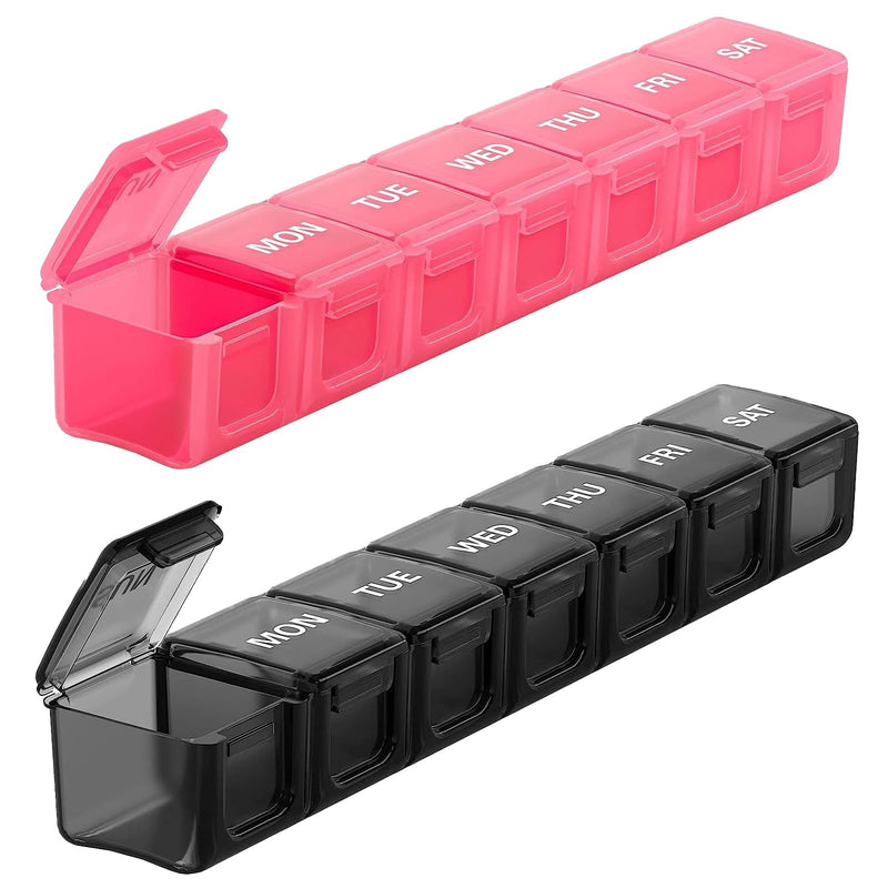 Sukuos Extra Large Weekly Pill Organizer 2 Pcs, Daily Pill Box 7 Day Medicine Cases for Vitamin, Fish Oils or Supplements, Easy to Clean (Black&Pink) Black & Pink