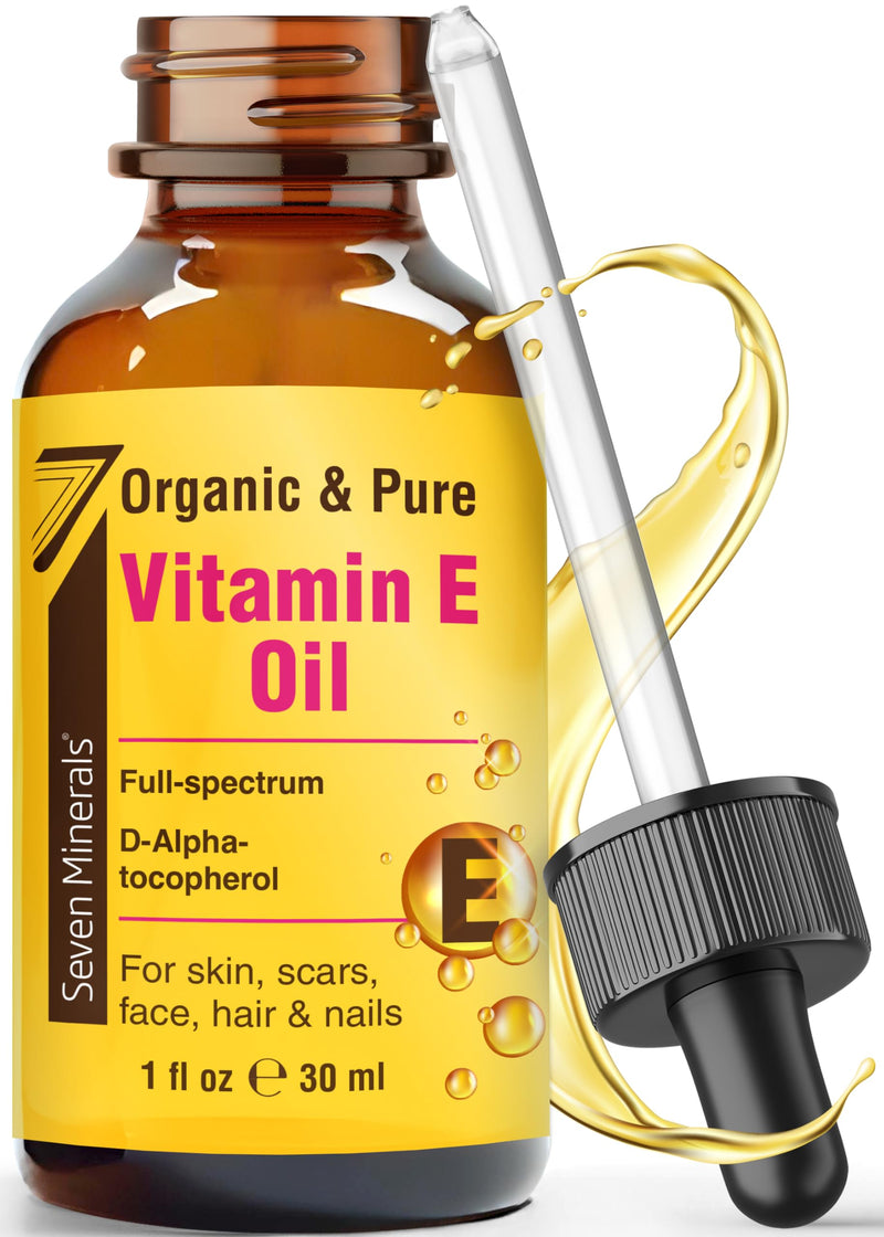 Seven Minerals Ultra Pure Vitamin E Oil - Full-Spectrum D-Alpha Tocopherol, 1 Fl Oz - 100% Organic Vitamin E Oil for Skin, Face, Hair, and Scars - Naturally Occurring = Not Synthetic 1 Fl Oz (Pack of 1)