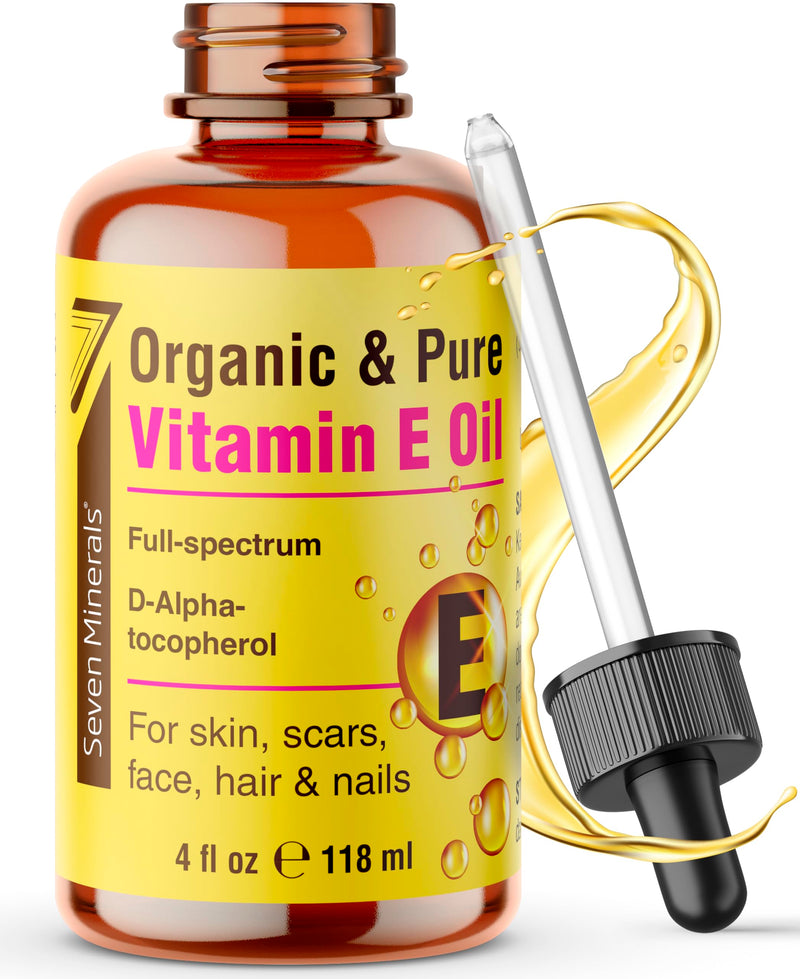 Seven Minerals Ultra Pure Vitamin E Oil for Skin, Face, Hair and Scars 4 Oz | Full-Spectrum D-Alpha Tocopherol from Organic Sunflower Seeds - Naturally Occurring = Not Synthetic 4 Fl Oz (Pack of 1)