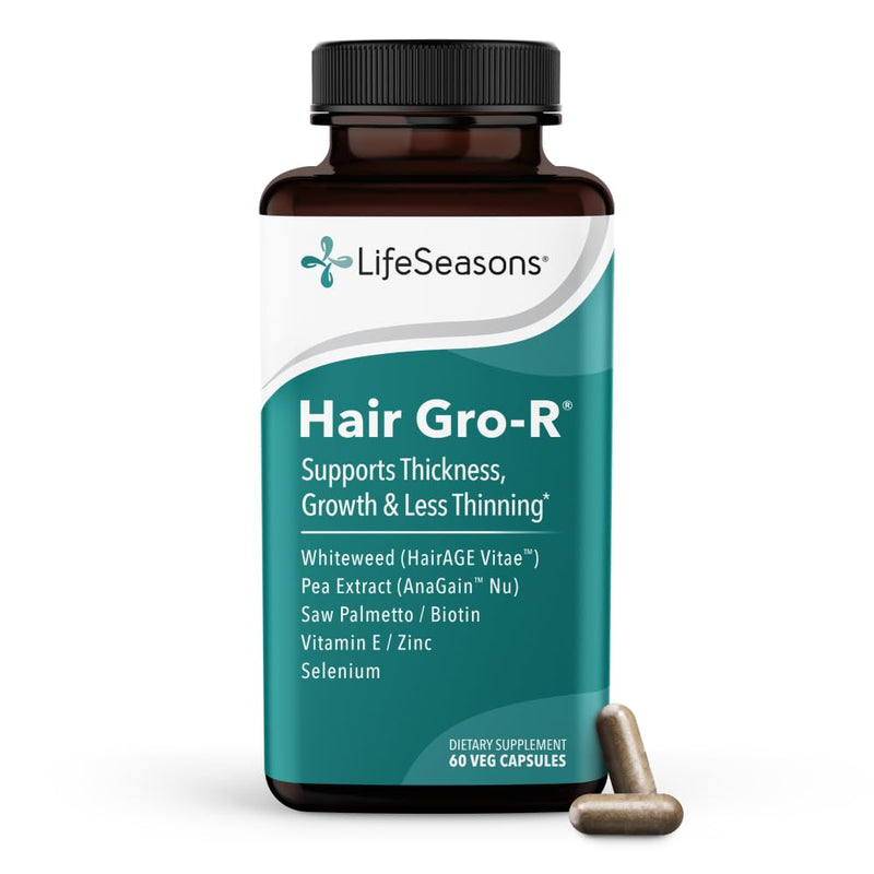 LifeSeasons Hair Gro-R - Clinically Studied Ingredients - Support Thickness Growth & Less Thinning - Reduce Hair Loss & Encourage Regrowth - Biotin Zinc Selenium & AnaGain Nu Pea Extract - 60 Capsules