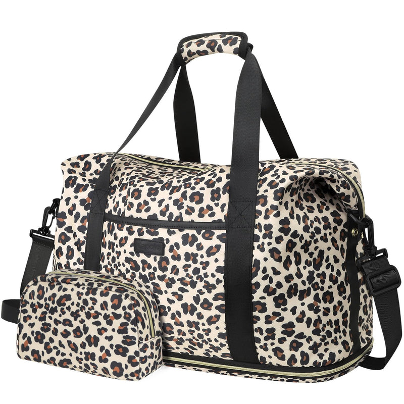 Expandable Travel Duffle Bag Weekender Overnight Bags for Women Men | 32L Duffel Bag,Waterproof Carry on Bag,Hospital Bag for Labor Delivery,With Toiletry Bag,Gym,Airplane Travel Leopard Large