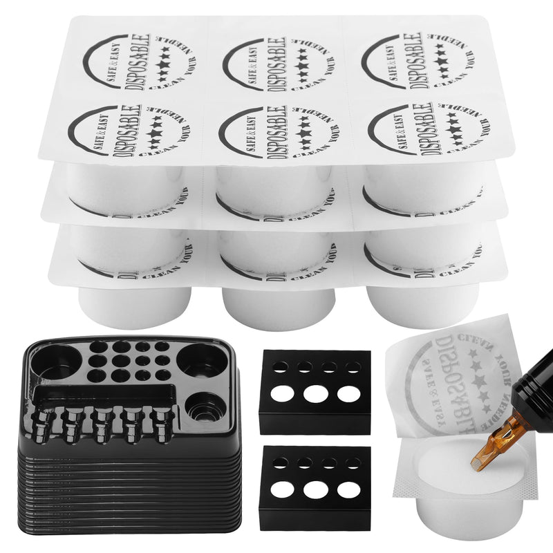 [Australia] - RHEIN 18 Tattoo Dip Foam Cup 2 Ink Cup Holders 12 Ink Tray Cleaning Needles Tip Tattoo Cleaning Supplies Disposable Professional 