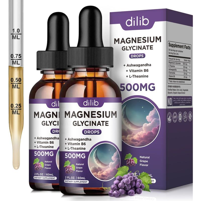 (2 Pack) Magnesium Glycinate Liquid Drops 500mg, with Vitamin B6, Ashwagandha, L - Theanine, Chamomile, Magnesium Glycinate Supplement High Absorption for Sleep, Stress, Energy Mood - Grape Flavor 2 Fl Oz (Pack of 2)