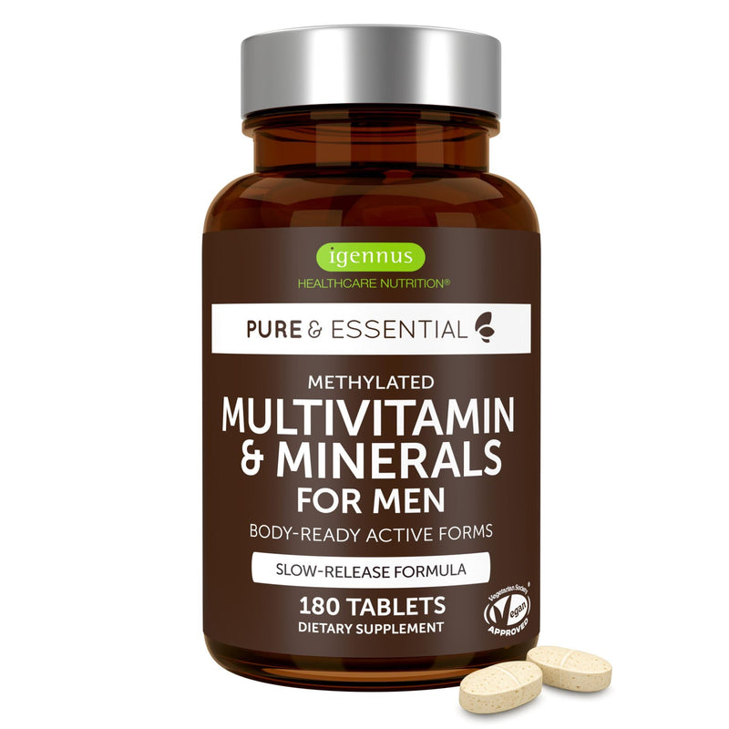 Igennus Methylated Multivitamin for Men with 22 Actives, 180 Tablets | Lycopene for Antioxidant Support, High Potency B12, Sustained Release, Pure & Clean, Non-GMO & Halal 180 Count (Pack of 1)
