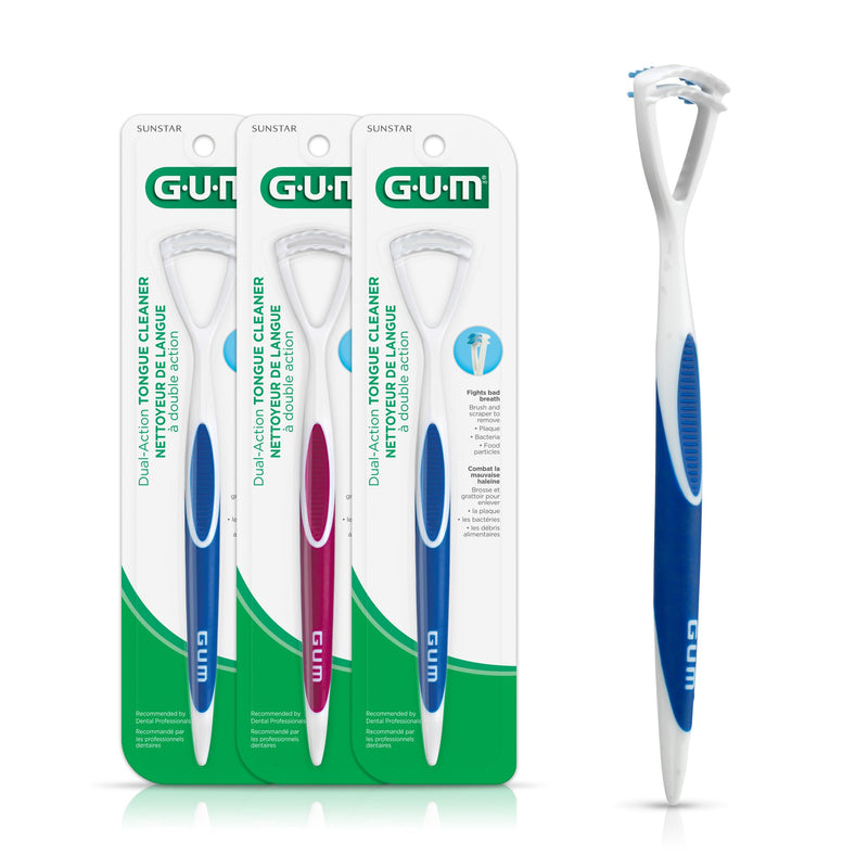 [Australia] - GUM Tongue Cleaner - Dual Action Soft Bristled Tongue Brush with Tongue Scraper for Better Oral Hygiene - Bad Breath Treatment (Pack of 3) 1 Count (Pack of 3) 