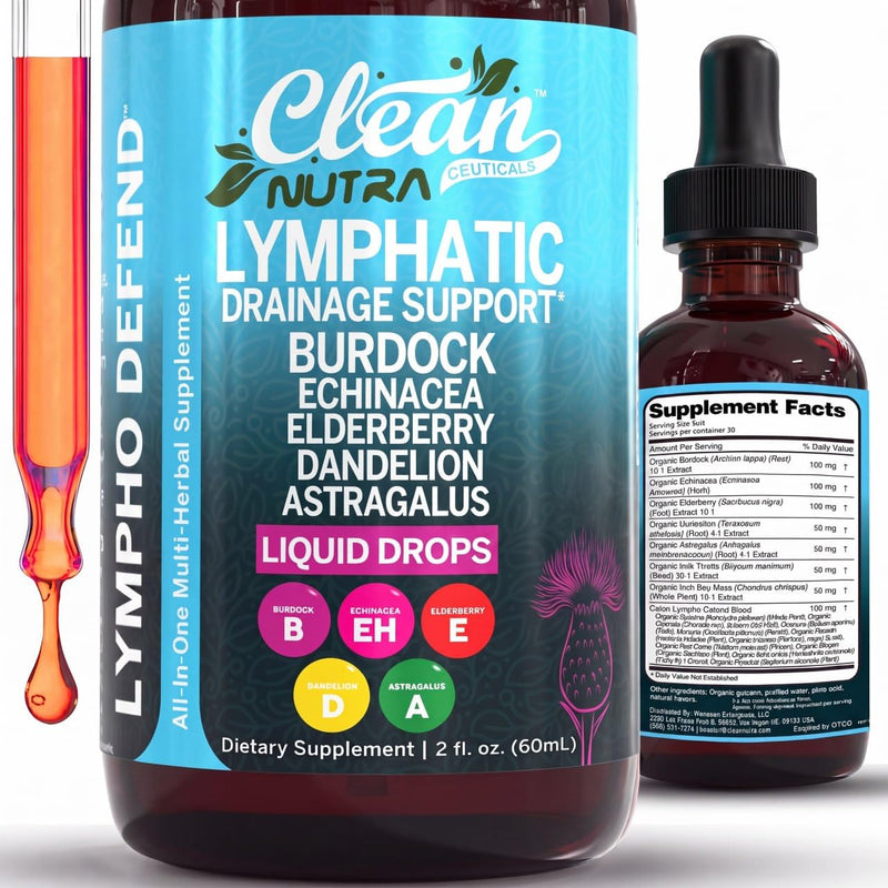 Lymphatic Drainage Drops - Organic Lymphatic Support Supplement with Burdock Root Echinacea Elderberry Dandelion Astragalus Milk Thistle Sea Moss Red Clover Marigold Drop by Clean Nutra 1