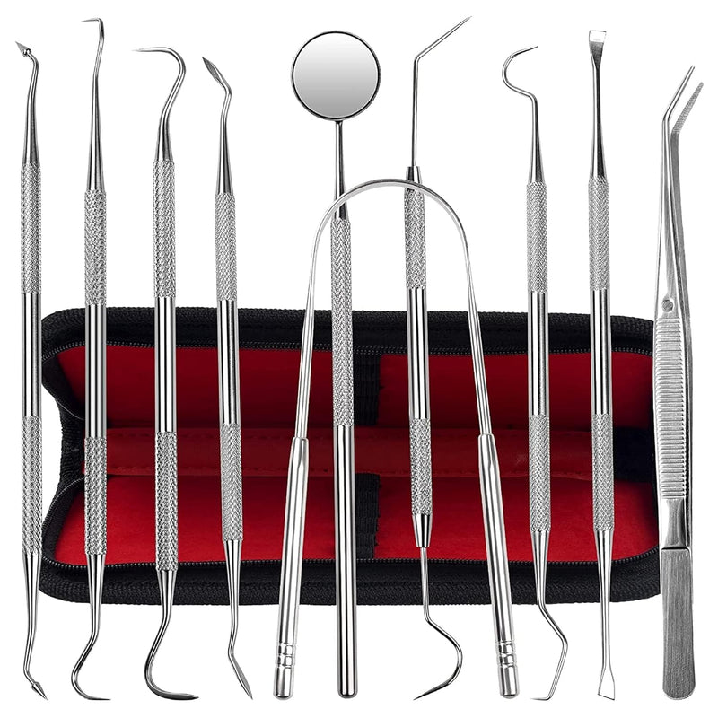 [Australia] - Jimy Dental Tools Set of 10Pcs, Professional Plaque Remover for Teeth, Stainless Steel Tooth Scaler & Tongue Cleaner, Dental Pick Tartar Scraper, Teeth Cleaning Tools with Case 