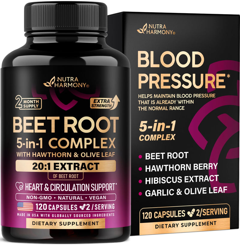 Beet Root Capsules - Healthy Blood Pressure Support Supplement** - 120 Caps | Beet Root for Heart & Circulation Support for Men & Women - with Hawthorn Berry, Hibiscus & Garlic - Nitric Oxide for Energy 120 Count (Pack of 1)