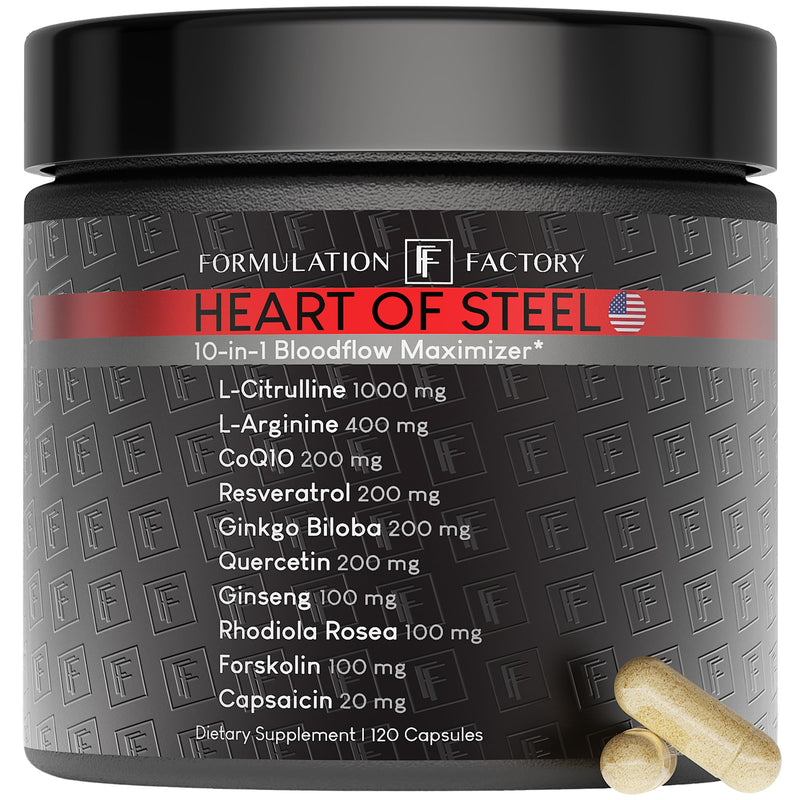 [Australia] - Heart of Steel: 10-in-1 Metabolic Maximizer Nitric Oxide Supplement, Blood Pressure Support, L Arginine, L Citrulline Natural Pre-Workout: Energy Management 120 Count 120 Count (Pack of 1) 