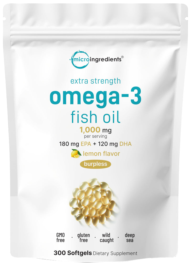 Micro Ingredients Extra Strength* Omega-3 Fish Oil Supplements 1,000mg Per Serving, 300 Softgels | Lemon Flavored | Burpless | EPA 180mg + DHA 120mg | Deep Sea Fish
