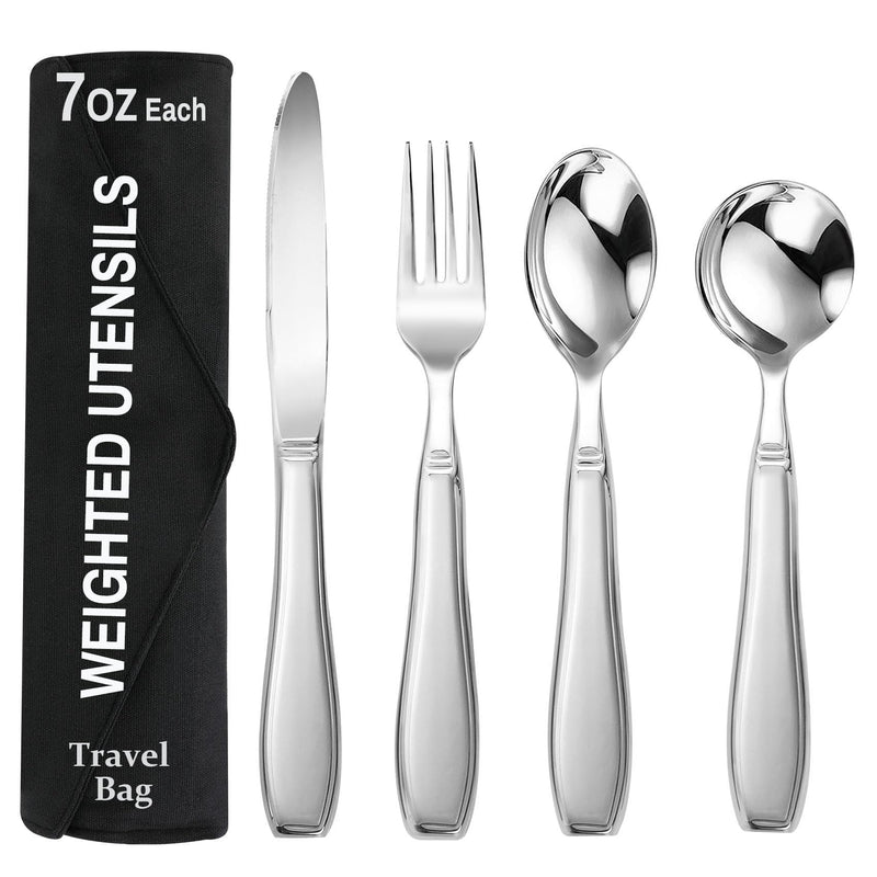 [Australia] - Weighted Utensils for Hand Tremors and Parkinson's Patients - 4 Piece Set of Heavy Stainless Steel Silverware for Elderly, Arthritis, Weak Hand Grip - Includes Knife,Fork,Spoons with Travel Bag,7 Oz 
