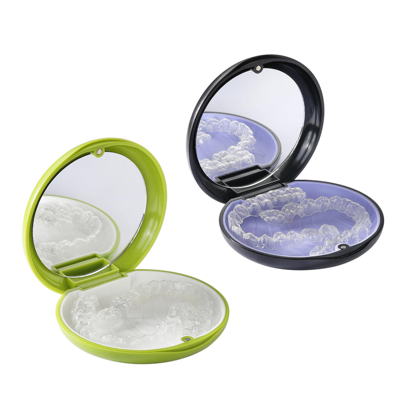 [Australia] - 2 PCS Retainer Cases, Mouth Guard Case with Mirror, Compatible with Invisalign,Retainer Removal Tool, Chewy, and Brush (1PCS Green White+1PCS Black Purple) 