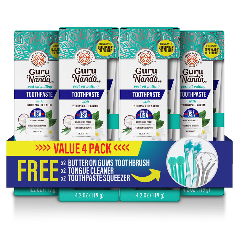 [Australia] - GuruNanda Hydroxyapatite Toothpaste, SLS & Fluoride Free (4 Pack), Whitening Toothpaste - Freshens Breath, Fights Plaque - with 2 Toothbrushes, 2 Tongue Scrapers & 2 Tube Squeezers 4.2 Ounce (Pack of 4) 