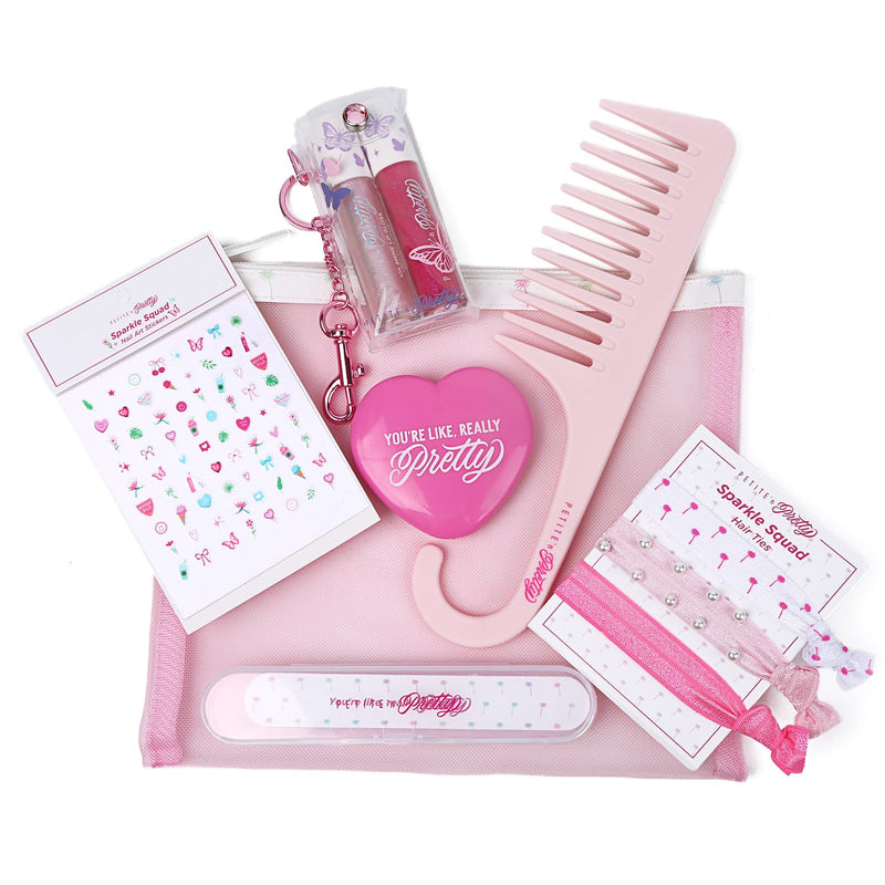 [Australia] - Petite N Pretty All in One Makeup Set for Kids, Tweens and Teens – Pink Mesh Bag with Lip Gloss Keychain, Hair Ties, Nail Decals, Headband, Heart Mirror, Nail File, Comb – Perfect Travel Kit & Gift 
