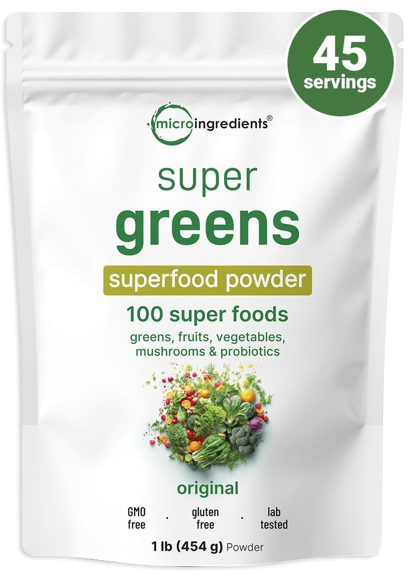 [Australia] - Micro Ingredients Super Greens Powder, 1lb | 100 Superfood Blend with Daily Greens, Fruits, Vegetables, Mushrooms & Probiotics | Source of Vegan Protein & Enzymes | Non-GMO, Gluten-Free, No Additives 