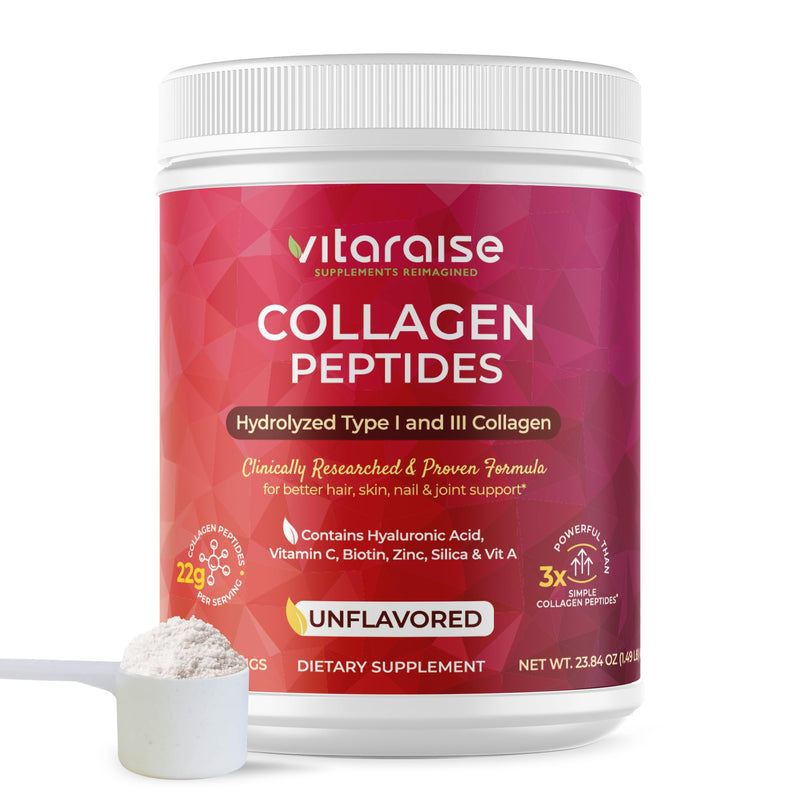 Hydrolyzed Collagen Powder, Grass Fed, Hair Skin Nails, 22g/Serving, 1.49lb | Type I & III, 3X Powerful Bovine Collagen Powder for Women & Men, Unflavored, Gluten Free, 30 servings, Hyaluronic Acid