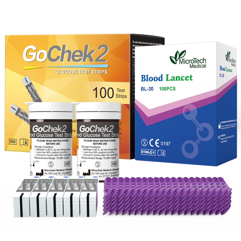 MicroTech Blood Glucose Test Strips & Lancets, 180d Opening Valid, Immune to Blood Oxygen, Only for Gocheck2, 100 Count.