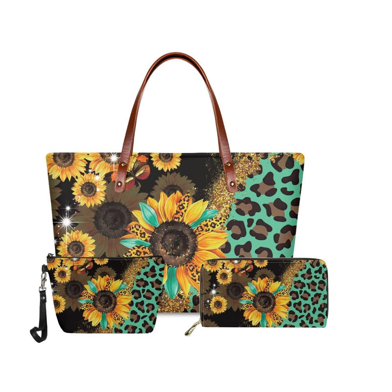GIFTPUZZ Women Top Handle Bags Handbags with Zipper Leather Wallet Cash Card Phone Holder and Makeup Bag Set 3pcs Sunflower Leopard Print
