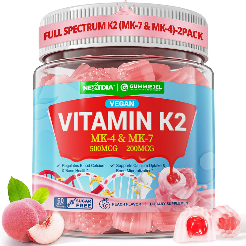 Vitamin K2 Gummies MK-7 200 mcg & MK-4 500 mcg for Women & Men Sugar Free, Perfect 2-IN-1 Full Spectrum Vitamin K2 Supplement for Bone, Promotes Calcium Absorption, Brain, Teeth, Immune, Pack of 2 60 Count (Pack of 2)