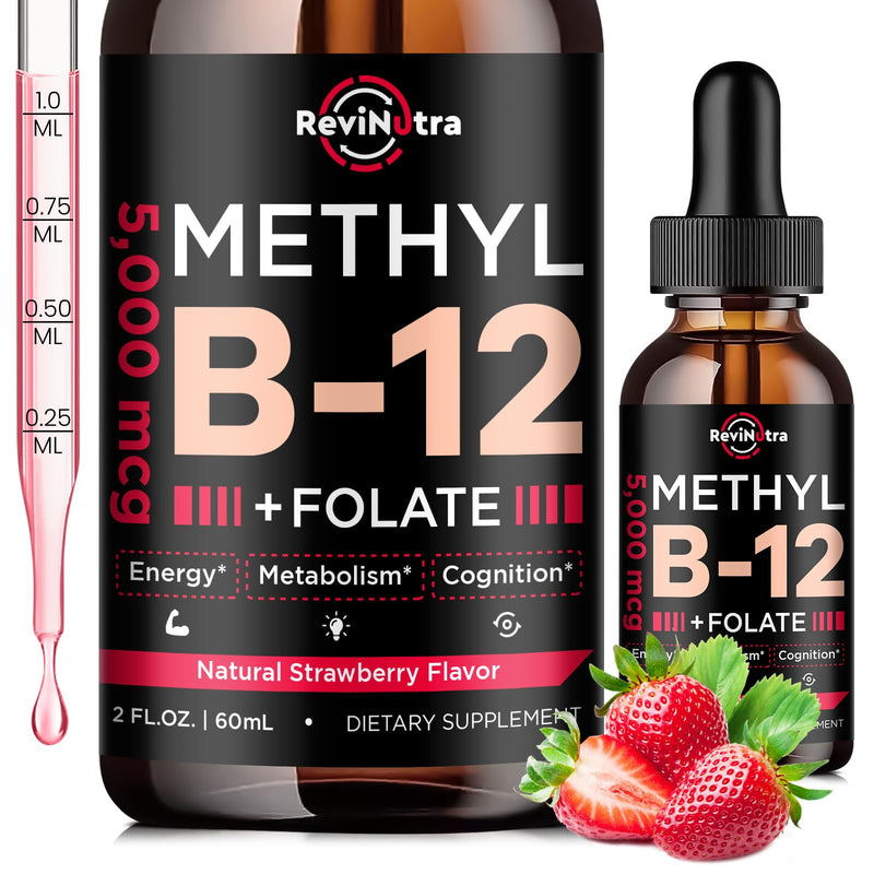 Vitamin B12 liquid Drops, B12 vitamins 5000 mcg, Vitamin B Complex Supplement with Methylcobalamin B12 Sublingual, Vitamin B6, Folate for Energy, Brain, Heart Health, Vegan Strawberry Flavor 2 Fl Oz 2 Fl Oz (Pack of 1)