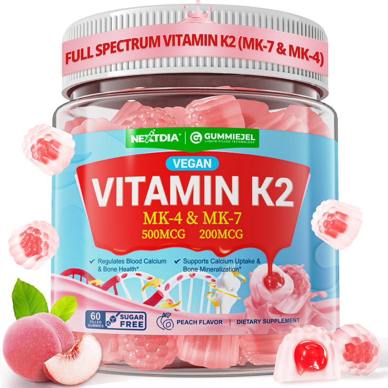 Vitamin K2 Gummies MK-7 200 mcg & MK-4 500 mcg for Women & Men Sugar Free, Perfect 2-IN-1 Full Spectrum Vitamin K2 Supplement for Bone, He-art, Promotes Calcium Absorption, Brain, Teeth, Immune,1Pack 60 Count (Pack of 1)