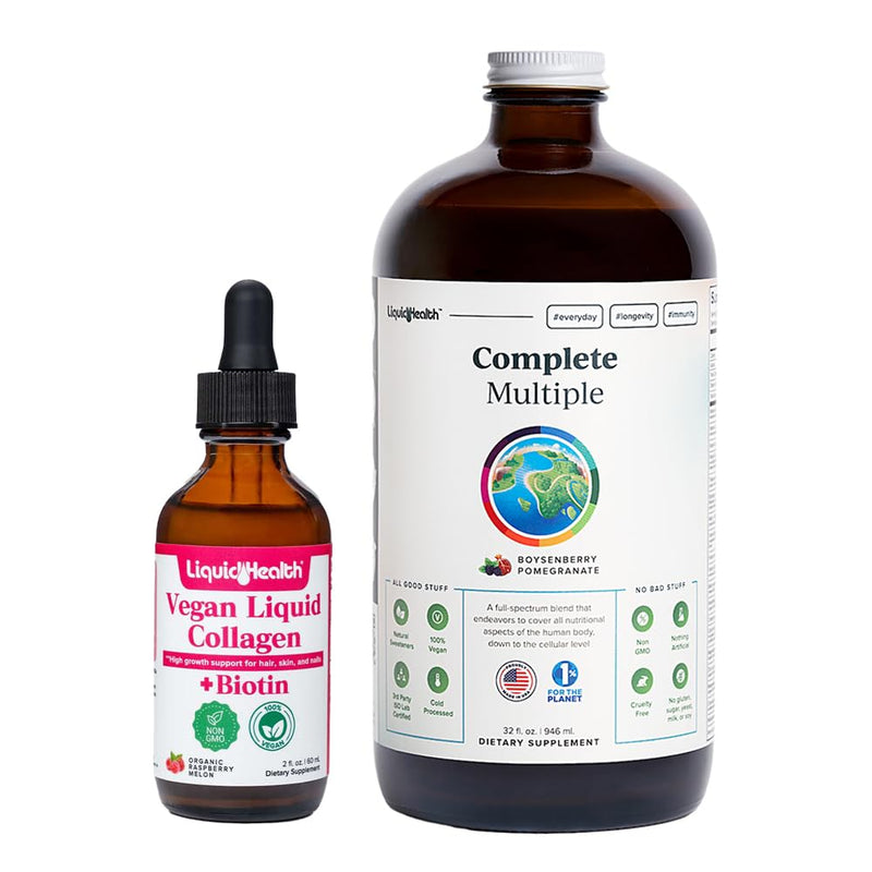 LIQUIDHEALTH Vegan Liquid Collagen Plus Biotin Drops & Complete Multiple Adult Daily Multivitamin Wellness Bundle - Hair & Nail Growth, Skin Health, Immune & Energy Support - USA Made, Vegan, Non-GMO
