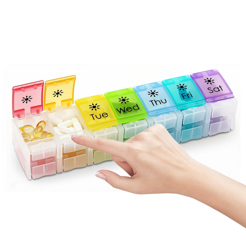XL Weekly Pill Organizer Twice a Day, Arthritis Friendly (C&R) | AM PM Travel 7 Day Pill Box Case, Large Pill Case to Hold Vitamins, Fish Oil,Supplements and Medication Clear