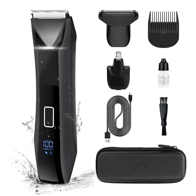[Australia] - Body Trimmer for Men, Groin & Body Hair Trimmer, Ball Foil Shaver, Nose Hair Clippers, 3 in 1 Men's Waterproof Wet/Dry Groomer with Travel Case &Travel Lock, LED Display, Black 