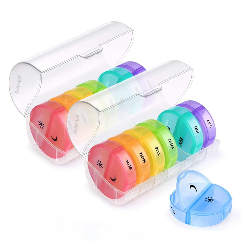 Sukuos Large Weekly Pill Organizer 2 Times a Day, Daily Pill Box 7 Day Easy to Open, Double Protection Medicine Case for Vitamin/Fish Oil/Supplements, Clear (2 Pack) Clear (2 Pack)