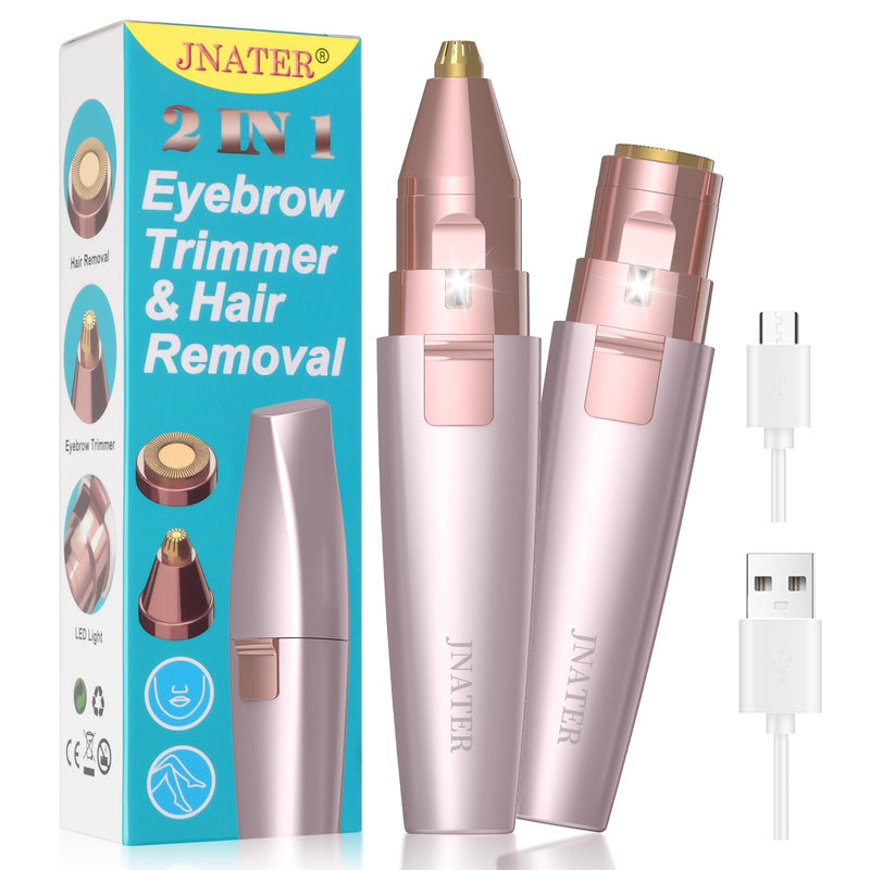 Eyebrow Facial Hair Remover - 2 in 1 Rechargeable Eyebrow Trimmer and Facial Hair Removal for Women, Painless Electric Hair Removal Device with LED Light for Face Eyebrows Peach Fuzz Lip Body