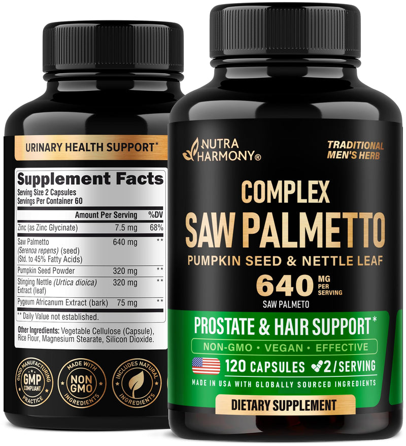 [Australia] - Saw Palmetto for Men 640mg - Pumpkin Seed | Nettle | Zinc & Pygeum - Prostate Health & Urinary Supplement - DHT Blocking & Hair Support - 45% Fatty Acids, Clinical Strength - Made in USA, 120 Capsules 120 Count (Pack of 1) 