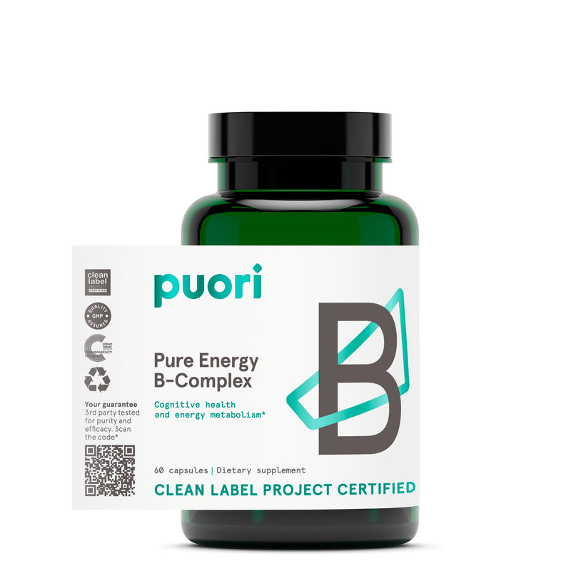 Puori Pure Energy Vitamin B-Complex with 8 Essential Vitamins, 60 Capsules | Active & Methylated B Vitamins (Thiamin, Riboflavin, Niacin, B6, Folate & B12) - Biotin, Inositol, Pantothenic Acid & Choline