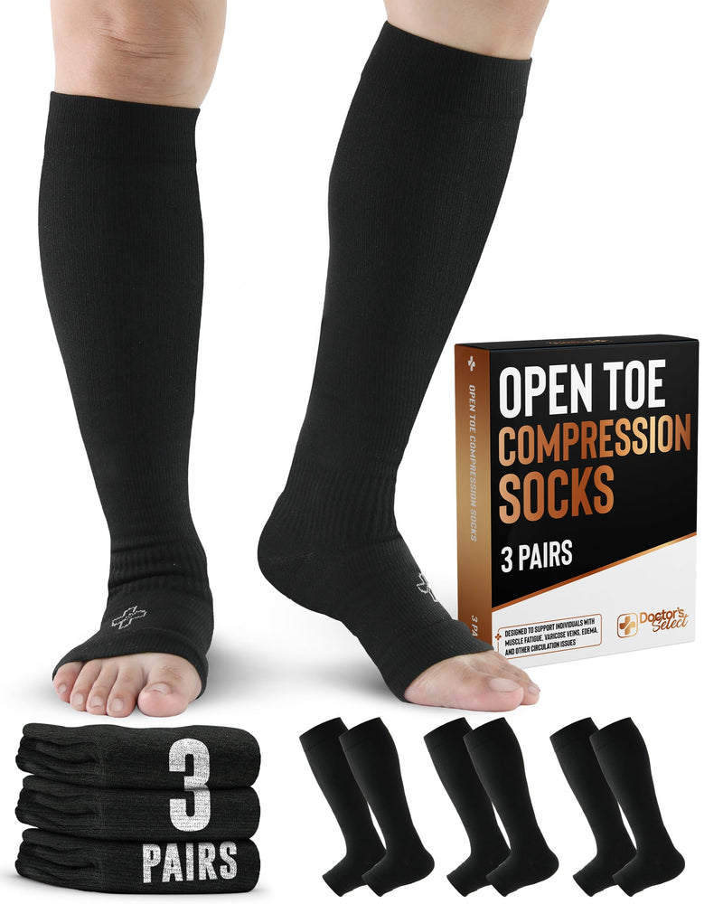 [Australia] - Doctor's Select 3 Pairs Copper Toeless Compression Socks for Men - 20-30 mmHg Open Toe Compression Socks Women, Toeless Socks, Knee High, Black Black - 3 Pairs Large-X-Large 