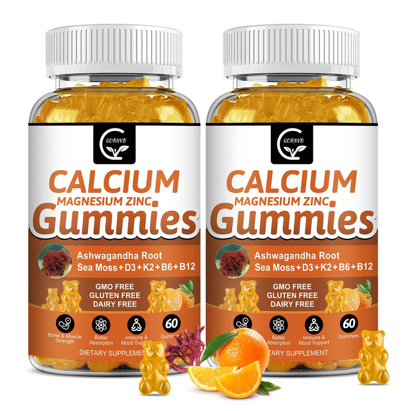 1200mg Calcium Gummies with Vitamin D3,K2,B12 & B6 - Plant Complex Calcium Magnesium Supplement with Glycinate,Potassium,Sea Moss,Ashwagandha Root for Bone & Teeth Strength, Muscle & Immune-2 Pack 60 Count (Pack of 2)