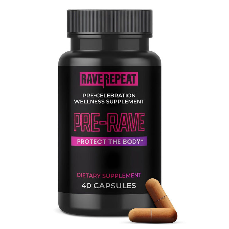 Pre-Rave Supplement CoQ10 Magnesium Green Tea Energy Festival, 40 Capsules | 5-HTP Free Rave Vitamins with CoQ10, Magnesium, Green Tea and Essential Vitamins for Festival Energy Wellness and Jaw Support