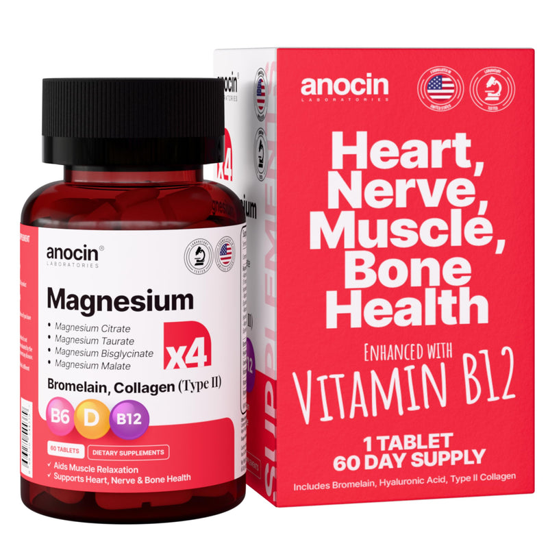 anocin 4X Magnesium Complex 200 mg + Magnesium Glycinate + Citrate + B12 High Absorption + Taurate + Malate + Bromelain+Collagen (Type II)+Hyaluronic Acid+Heart, Muscle+Joint Support, 60-Day
